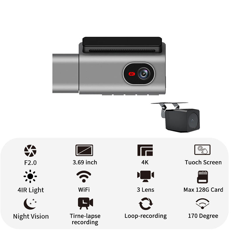3 Channels 4K/2K Touch Screen Dashcam DVR Recorder for Universal Vehicle