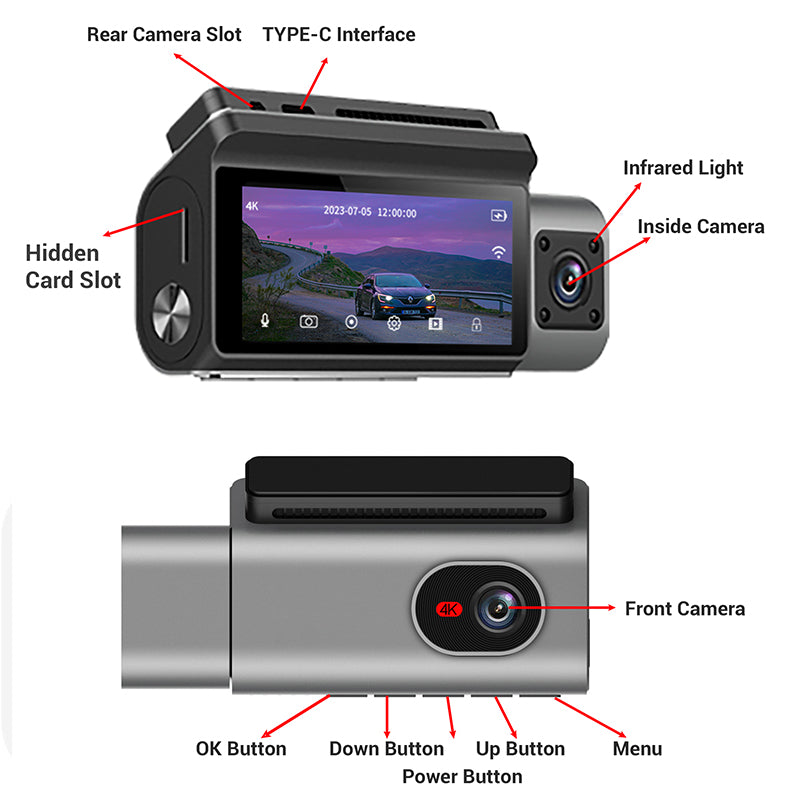 3 Channels 4K/2K Touch Screen Dashcam DVR Recorder for Universal Vehicle