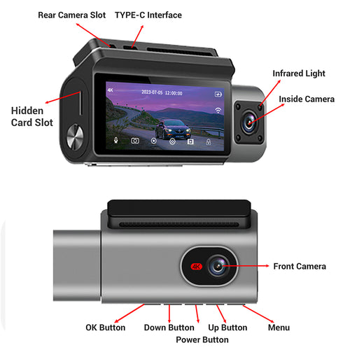 3 Channels 4K/2K Touch Screen Dashcam DVR Recorder for Universal Vehicle